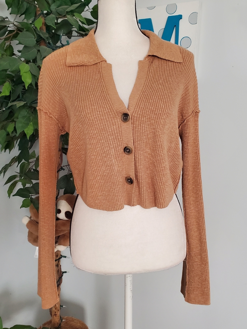 FREE PEOPLE Ella Oversized Linen Blend Ribbed Collared Cropped Cardigan XS